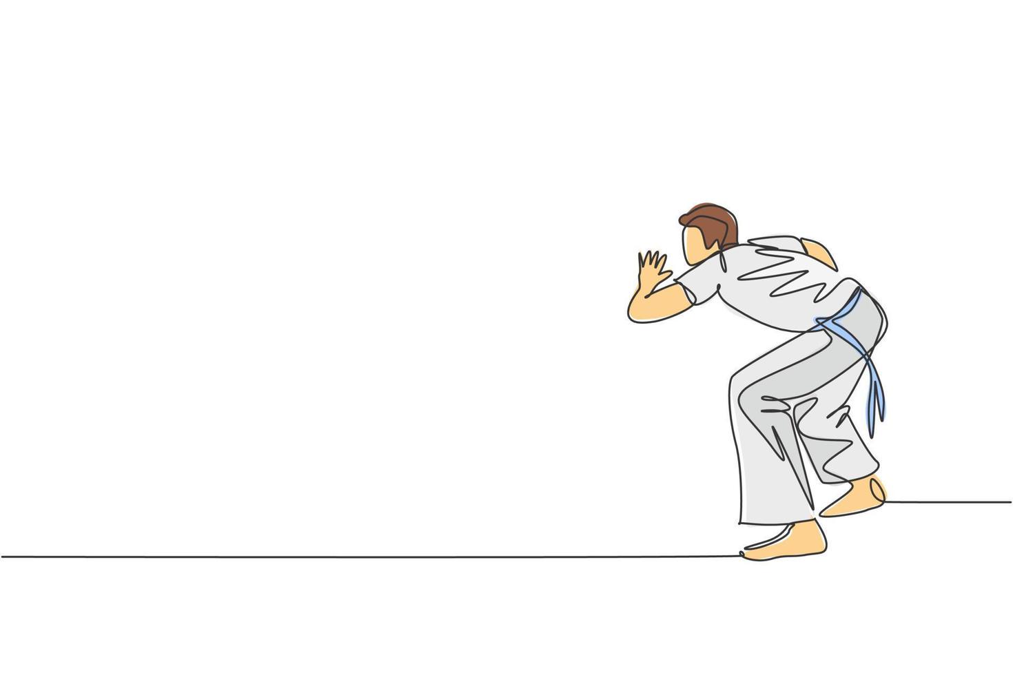 dessin en ligne continue d'un jeune homme sportif pratique la danse de mouvement de capoeira brésilienne dans la rue extérieure. concept d'art martial et de sport de culture. illustration vectorielle de conception de dessin à une ligne à la mode vecteur