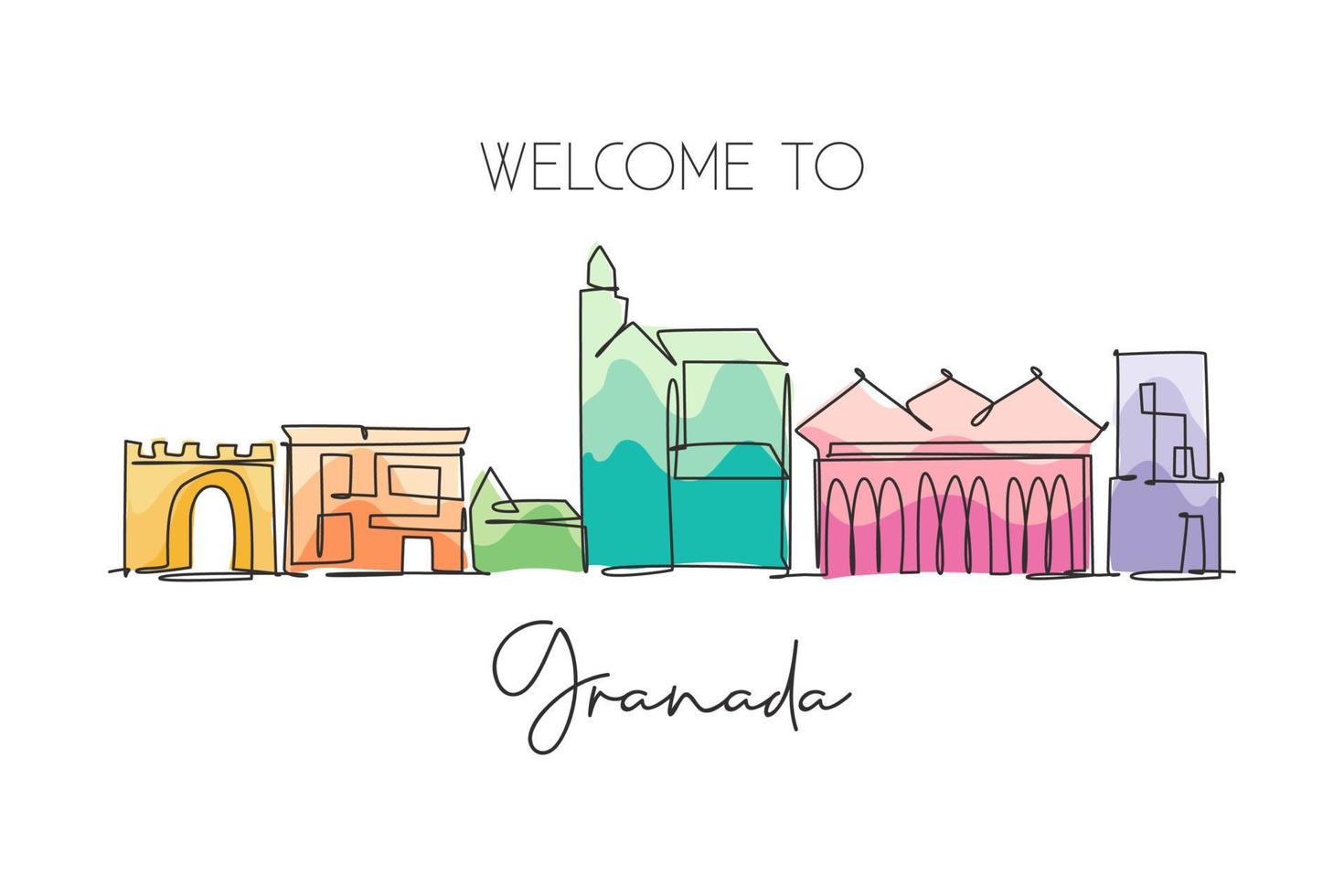 un dessin en ligne continu des toits de la ville de grenade, espagne. beau gratte-ciel. monde paysage tourisme voyage vacances concept décoration murale affiche. illustration vectorielle de conception de dessin à une seule ligne élégante vecteur