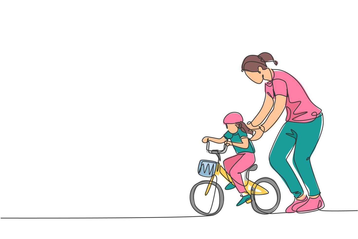 un dessin au trait continu d'une jeune mère aide sa fille à apprendre à faire du vélo à la campagne ensemble. concept de leçon de parentalité. illustration vectorielle de dessin graphique à une seule ligne dynamique vecteur