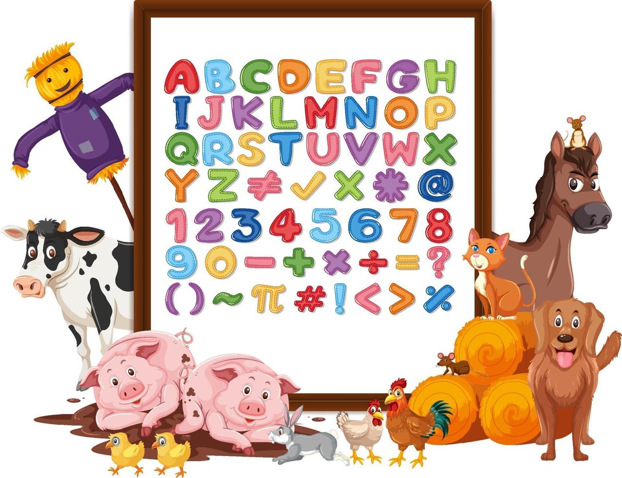 alphabet az et symboles mathématiques sur une planche avec des animaux de la ferme vecteur