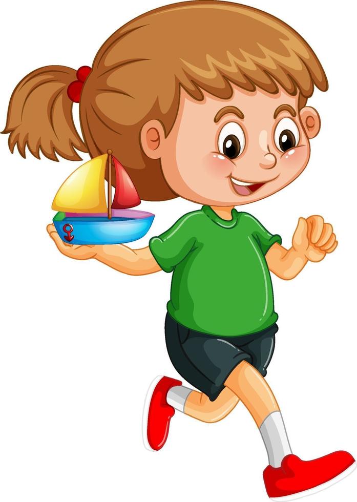 personnage de dessin animé fille heureuse tenant un bateau jouet vecteur