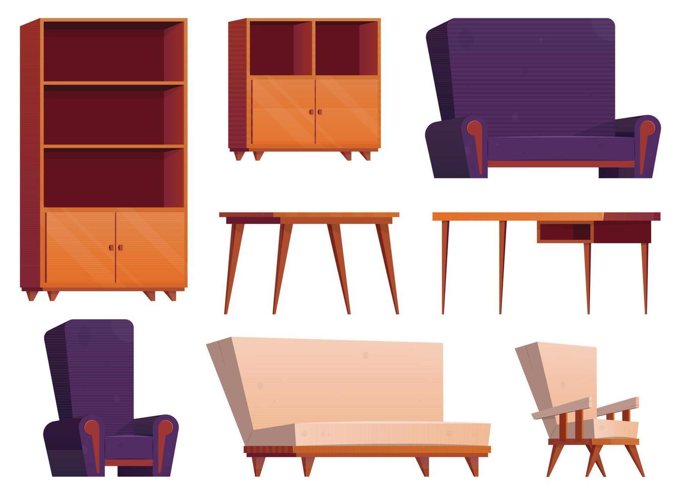 meubles articles dans dessin animé style. collection de en bois garde-robe, chaise, tableau, bureau et fauteuil vecteur illustration isolé sur blanc