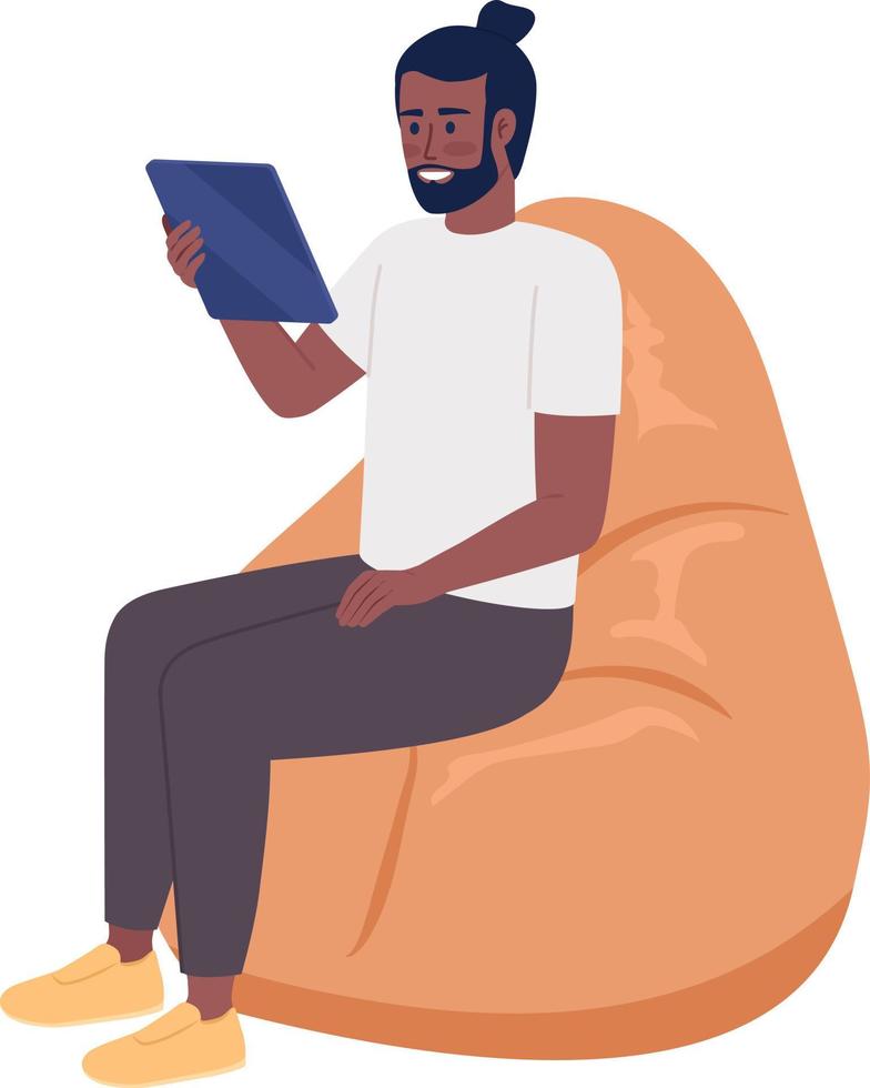 content homme avec tablette séance sur pouf chaise semi plat Couleur vecteur personnage. modifiable chiffre. plein corps la personne sur blanche. Facile dessin animé style illustration pour la toile graphique conception et animation