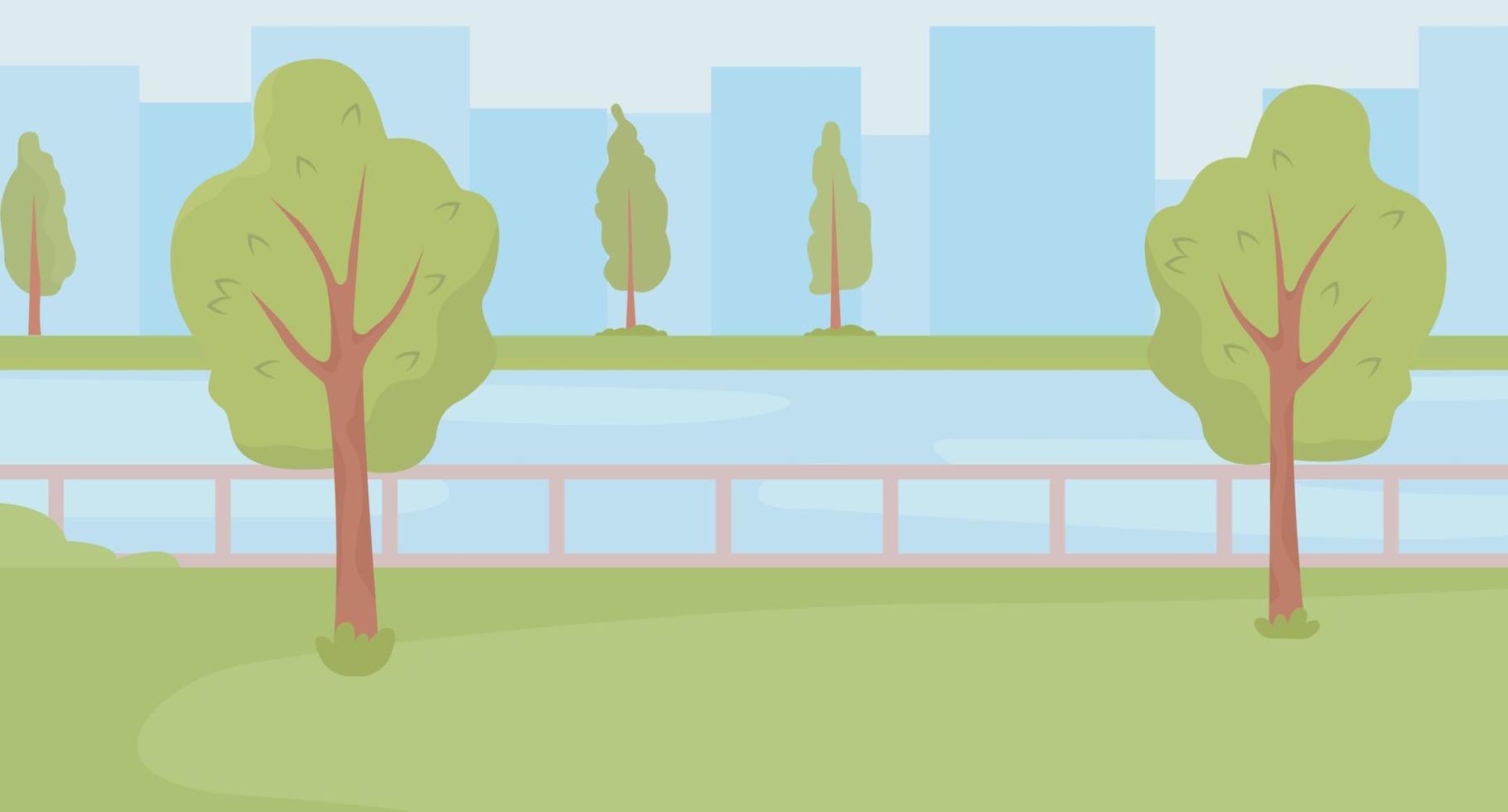 Urbain vert espace avec des arbres et rivière plat Couleur vecteur illustration. en marchant près l'eau. nationale parc avec front de mer. pleinement modifiable 2d Facile dessin animé paysage avec grattes ciels sur Contexte