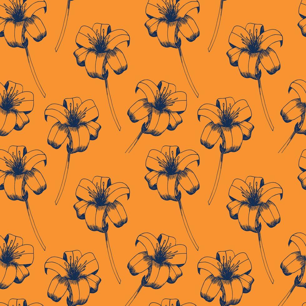 hémérocalle vecteur sans couture modèle. main tiré fleurs de journée lis sur Orange Contexte. conception pour mariage décor, fonds d'écran, rideaux, textile, emballage papier.