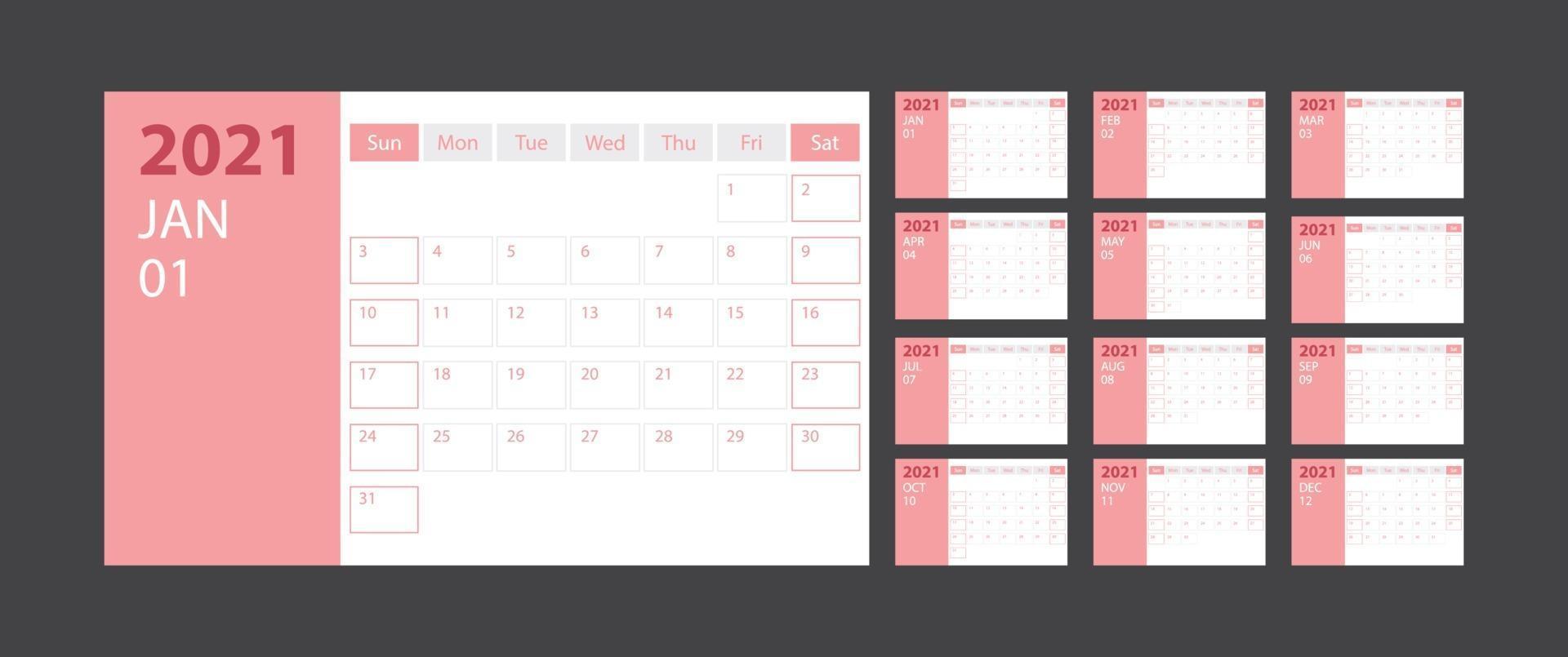 calendrier 2021 semaine début dimanche modèle de planificateur de conception d'entreprise avec thème rose vecteur