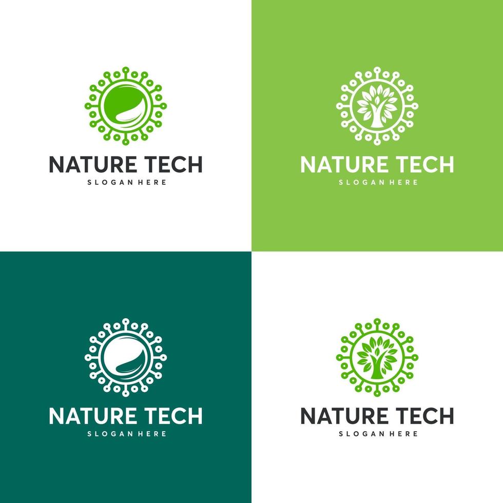 ensemble de modèle de logo tech nature, concept de logo technologie verte, technologie de croissance, symbole de logo arbre tech vecteur