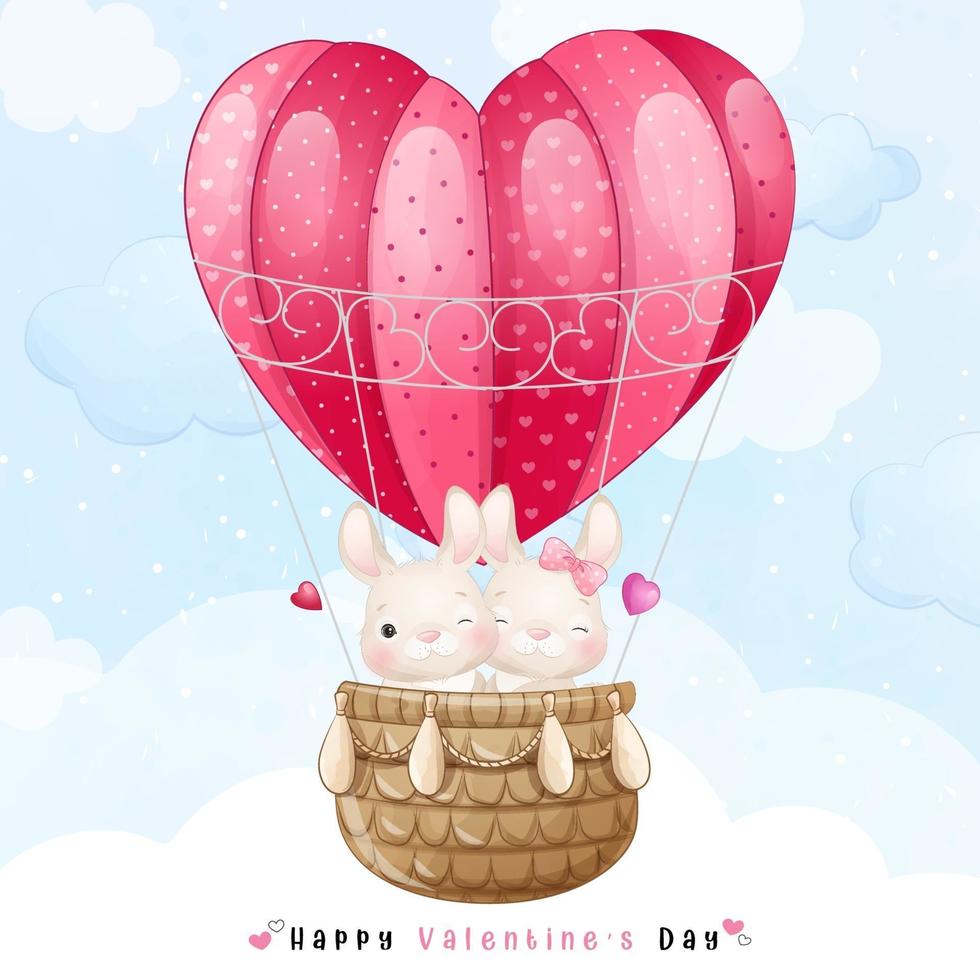 mignon lapin doodle volant avec ballon à air pour la saint valentin vecteur
