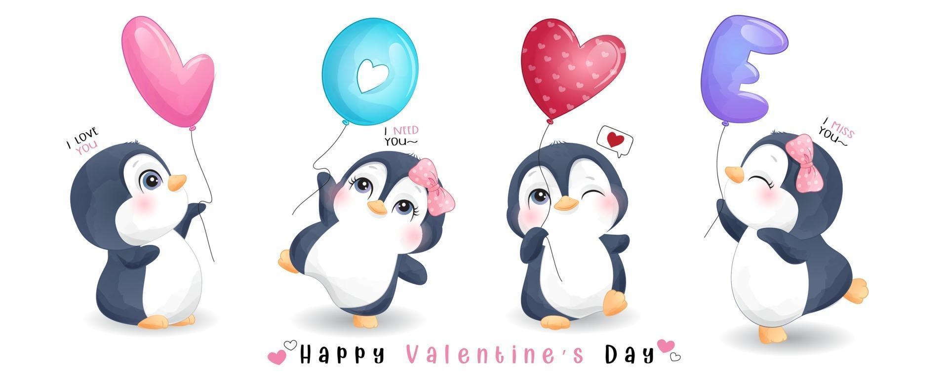 mignon pingouin doodle pour la collection de la saint valentin vecteur