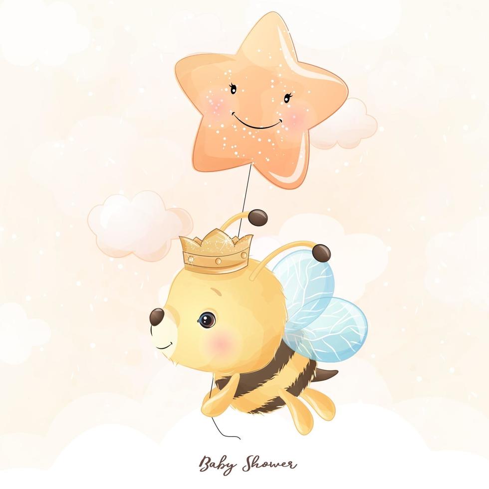 abeille doodle mignon avec illustration florale vecteur