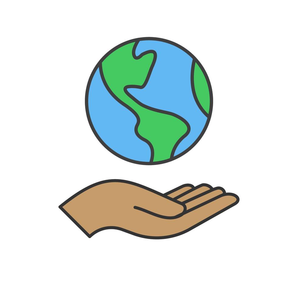 main en portant planète Terre, linéaire vecteur icône. enregistrer le planète. Terre journée symbole. monde environnement conservation.