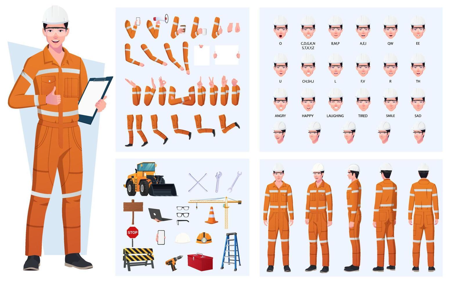 ingénieur, ouvrier personnage création et animation paquet, homme portant salopette avec outils, équipement, bouche animation et lèvre synchroniser vecteur