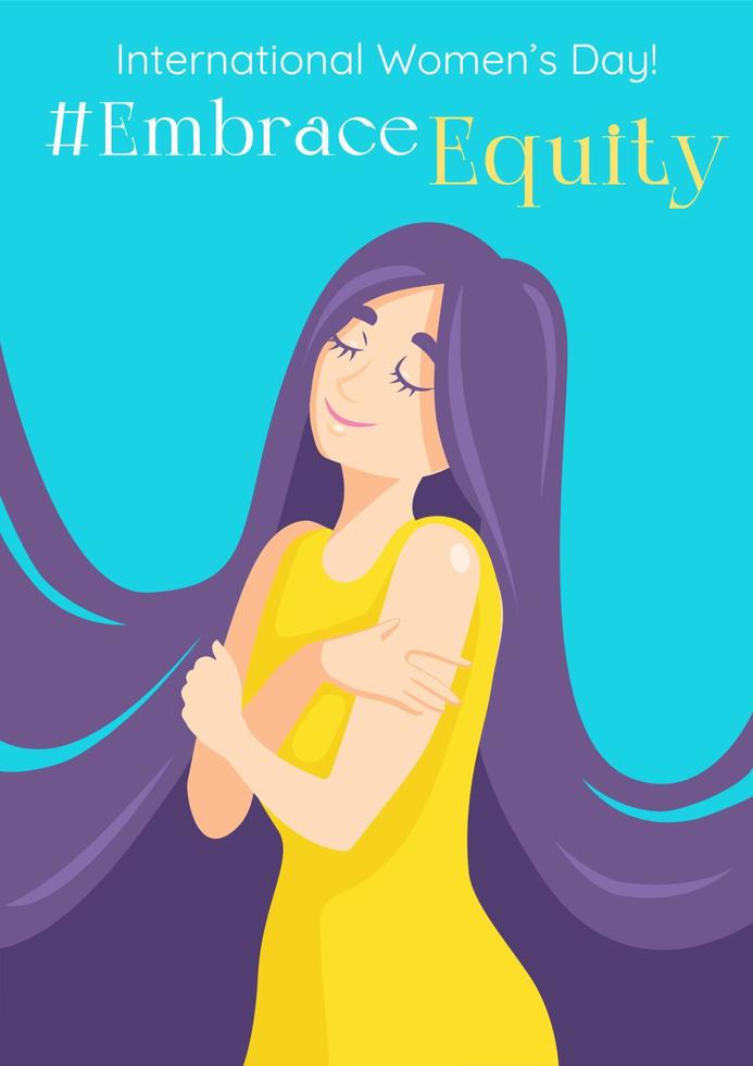 embrasse équité affiche avec une mignonne femme dans une Jaune robe personnage étreindre se. embrasse équité mouvement illustration. 2023 aux femmes journée thème - embrasser l'équité. vecteur