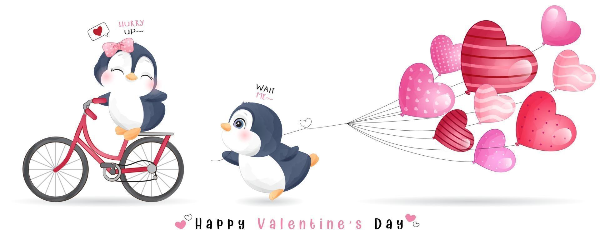 mignon pingouin doodle pour la collection de la saint valentin vecteur