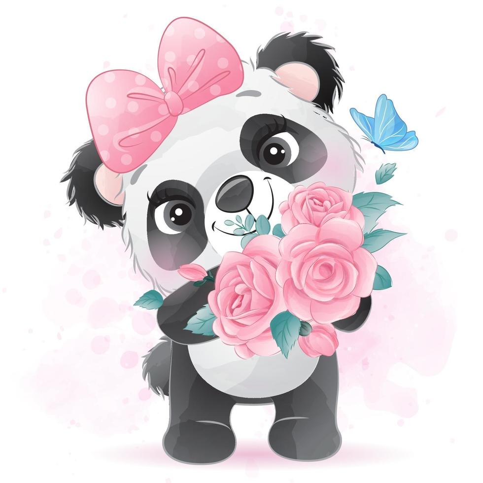 mignon petit panda avec illustration aquarelle vecteur