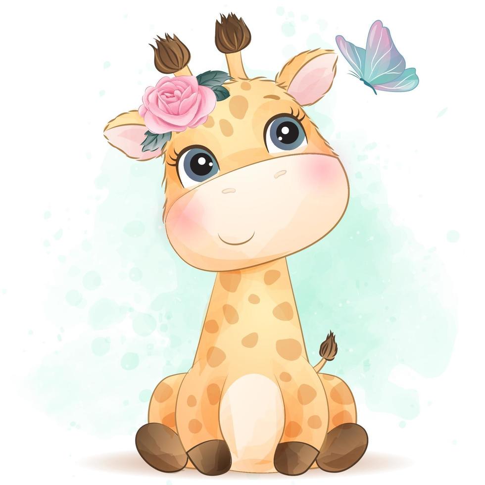 mignonne petite girafe avec illustration aquarelle vecteur