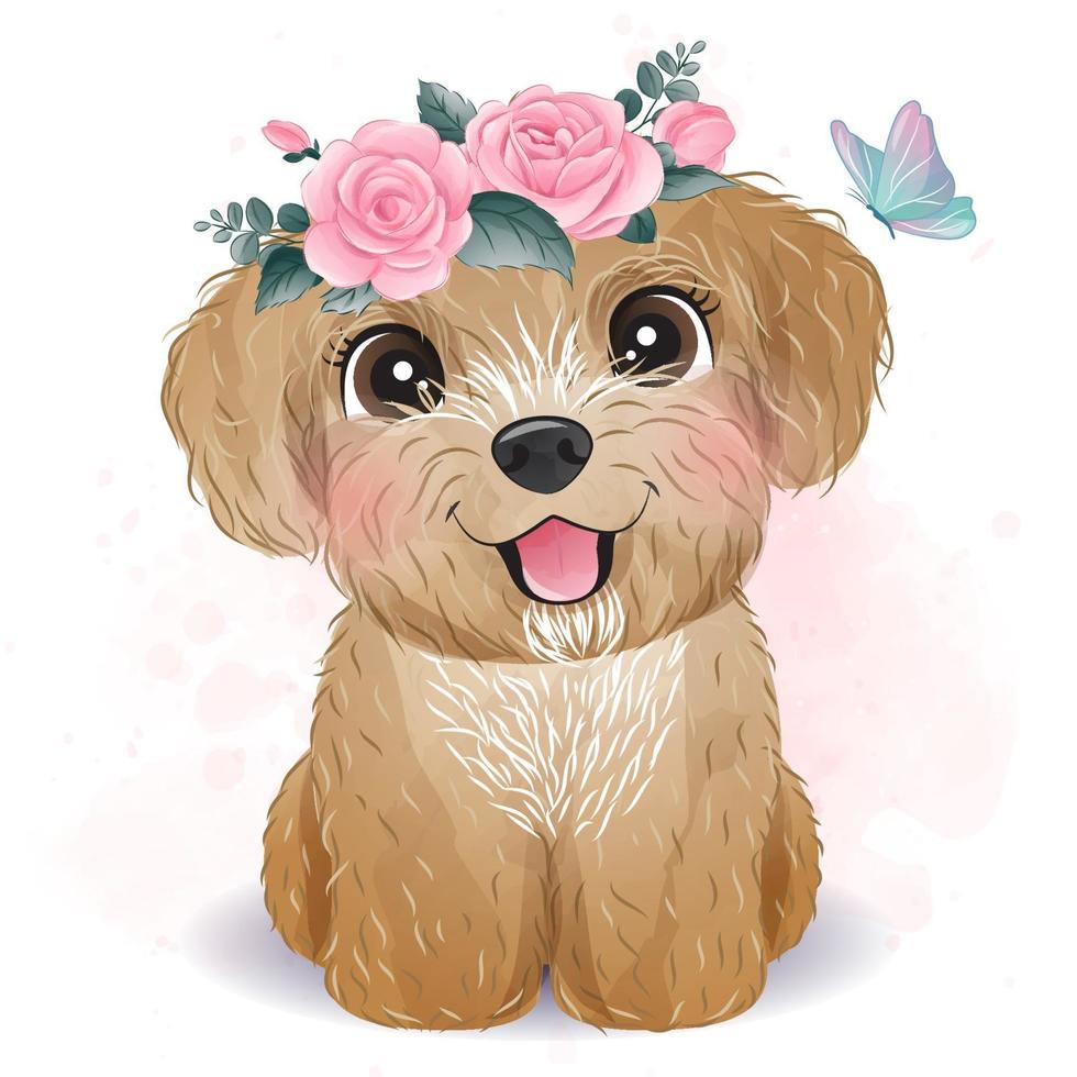 mignon petit caniche avec illustration florale vecteur