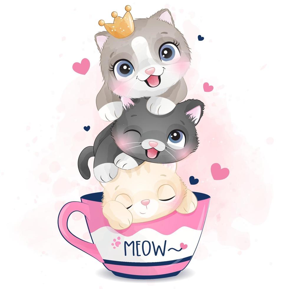 mignons petits chatons avec illustration effet aquarelle vecteur