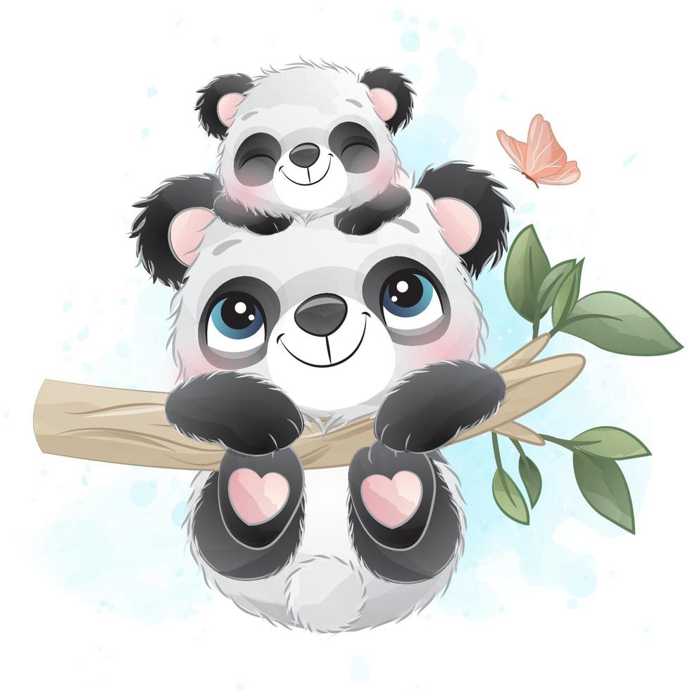 mignon petit panda avec illustration aquarelle vecteur