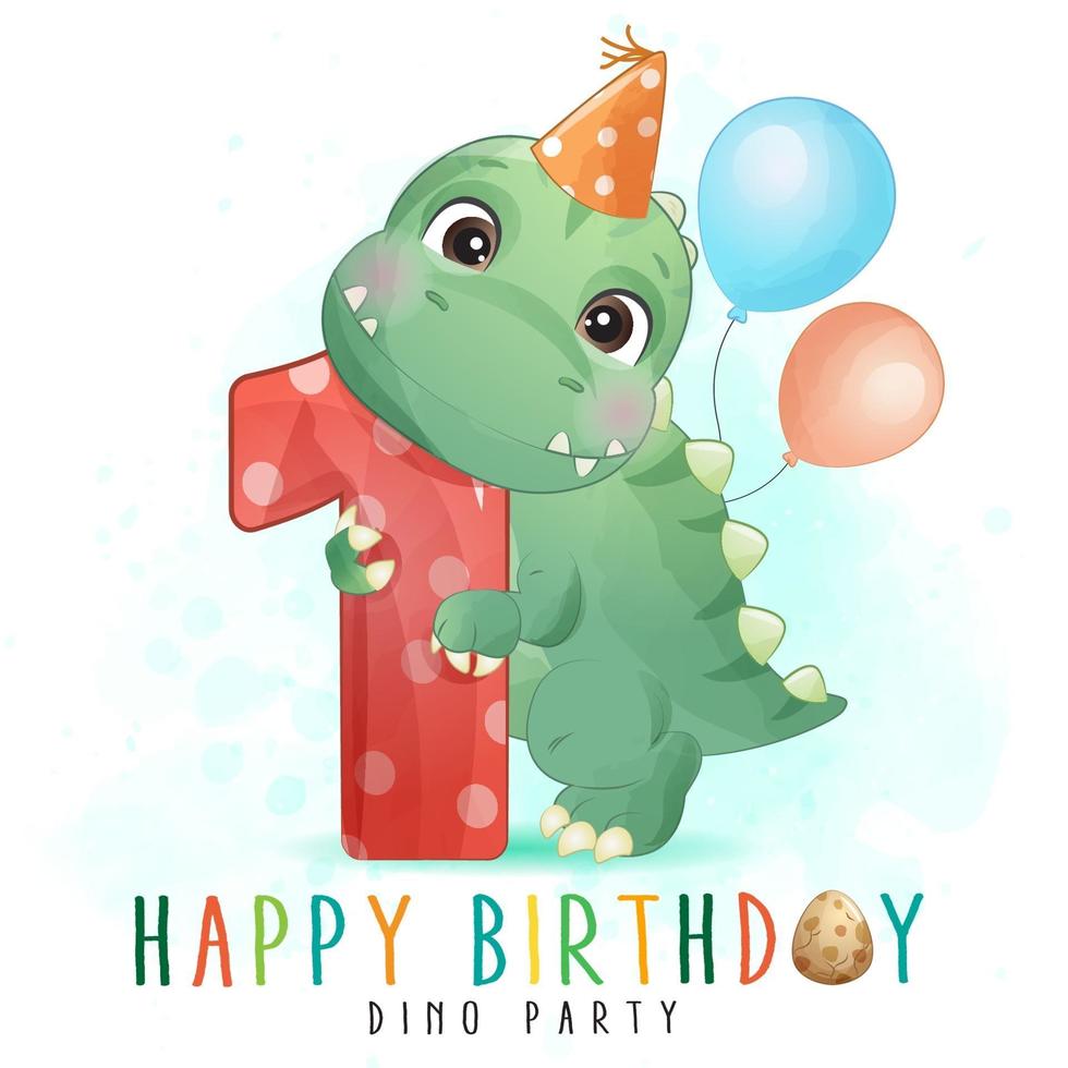 dinosaure mignon avec illustration d'anniversaire numéro un vecteur