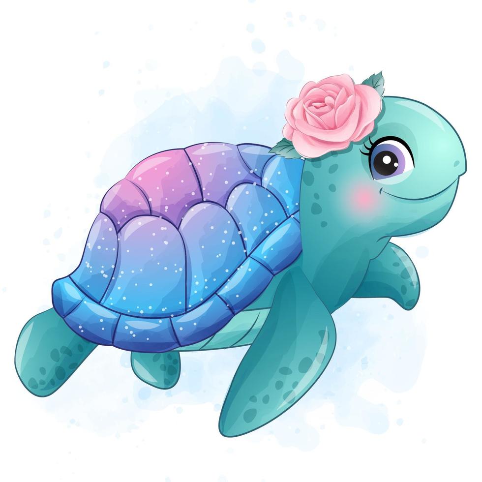 mignonne petite tortue de mer avec illustration aquarelle vecteur