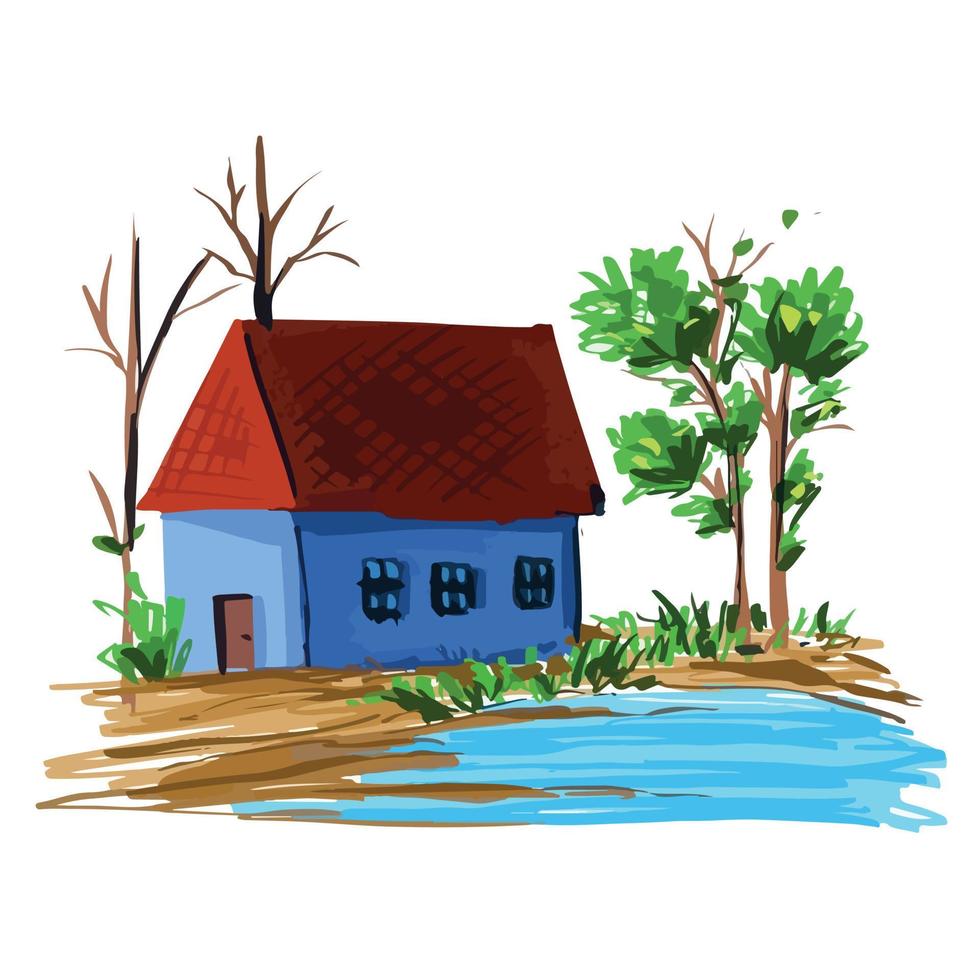 Facile bleu maison avec rouge toit avec étang à côté de il et une peu arbre brach et feuilles décoration vecteur illustration isolé sur plaine blanc carré Contexte