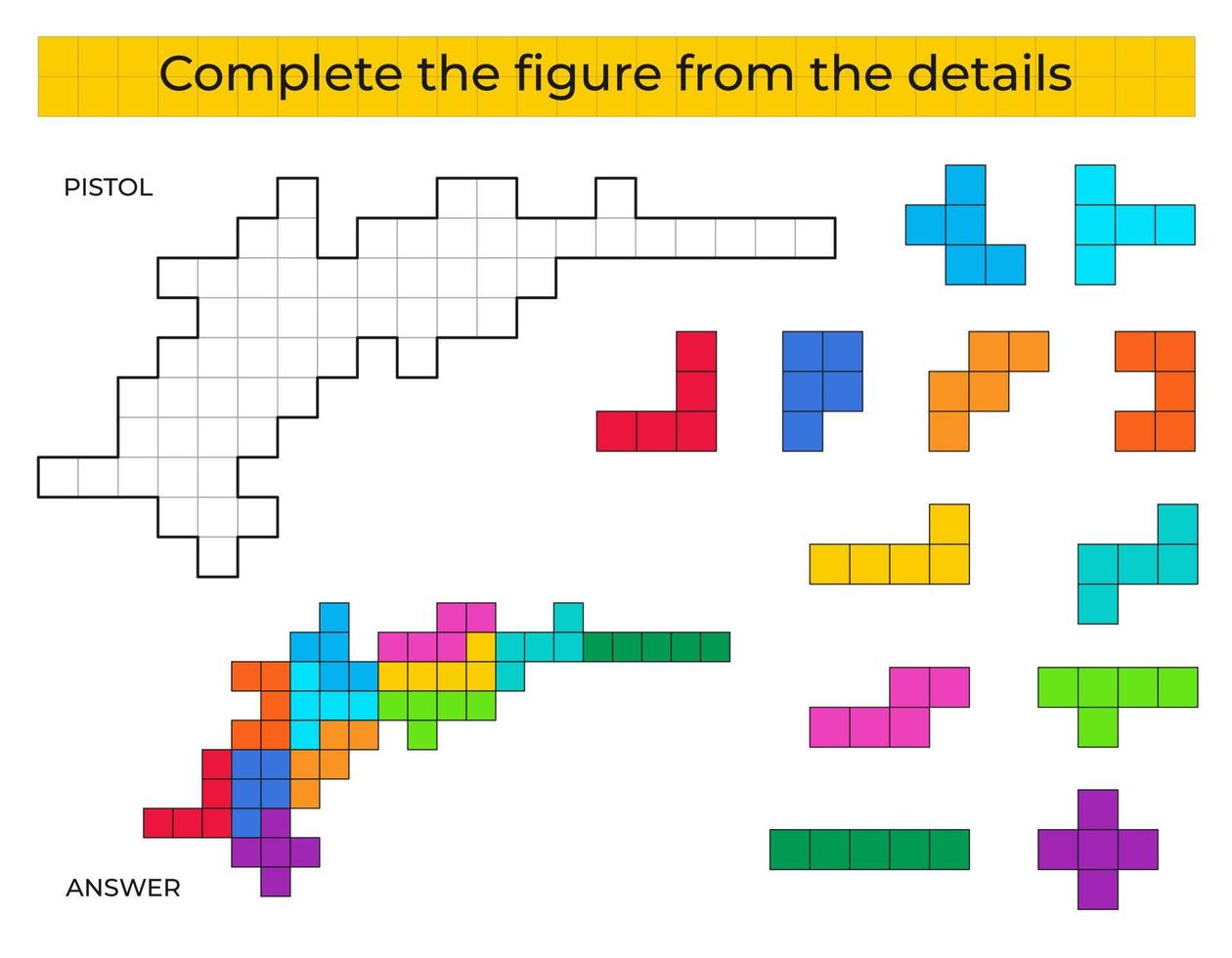 puzzle Jeu avec pistolet. coloré détails pour les enfants. Achevée chiffre. éducation Jeu pour enfants, préscolaire feuille de travail activité. puzzle jeu. vecteur illustration.