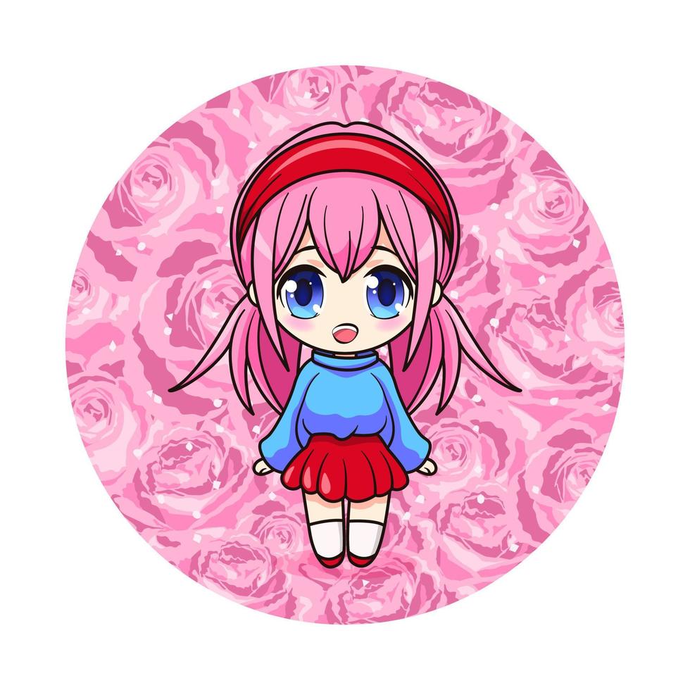 mignonne et kawaii fille dans des roses. manga chibi fille avec rose fleurs. vecteur illustration. art pour impressions, couvertures, affiches et tout utiliser.