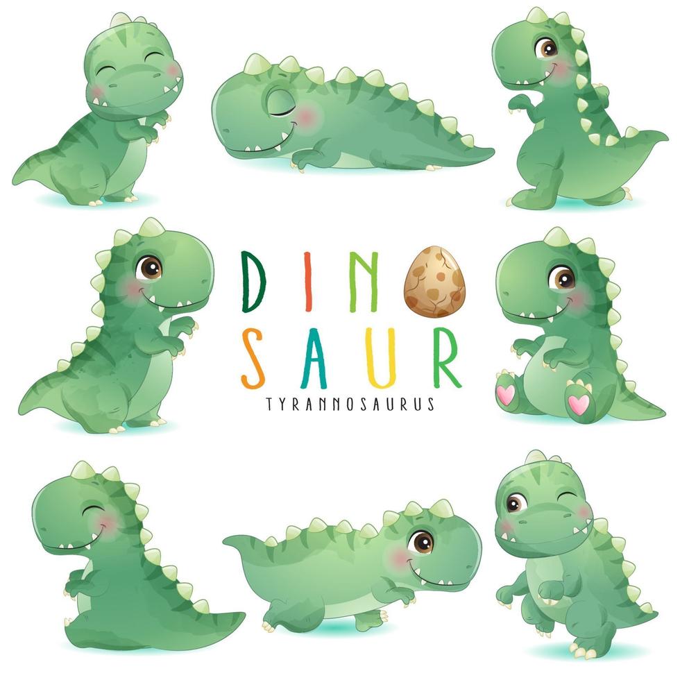 mignon petit dinosaure pose avec illustration aquarelle vecteur