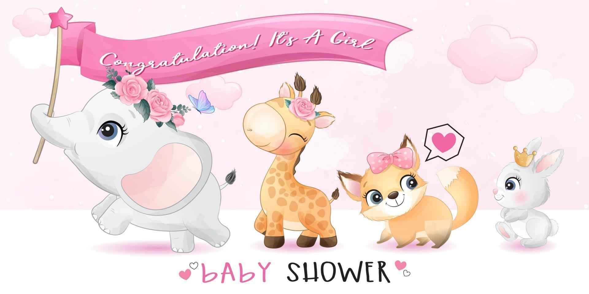 mignons petits animaux avec illustration de douche de bébé vecteur