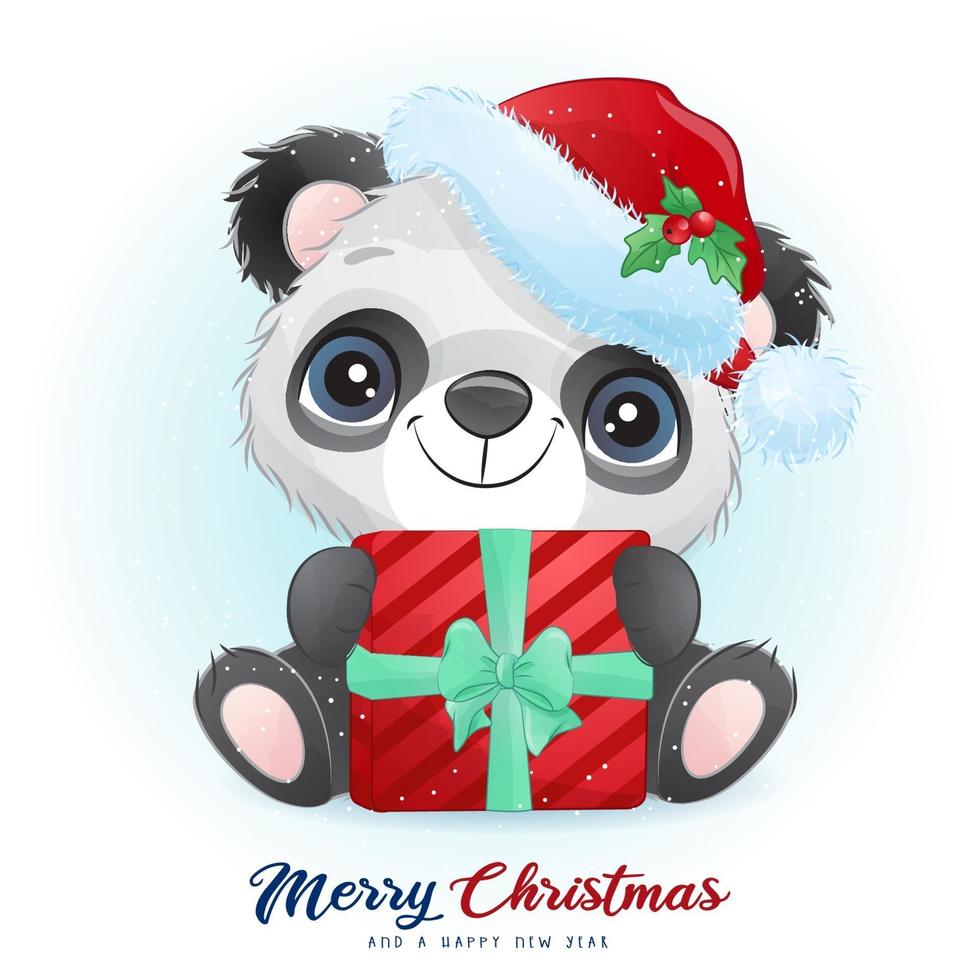 mignon panda doodle pour le jour de noël avec illustration aquarelle vecteur