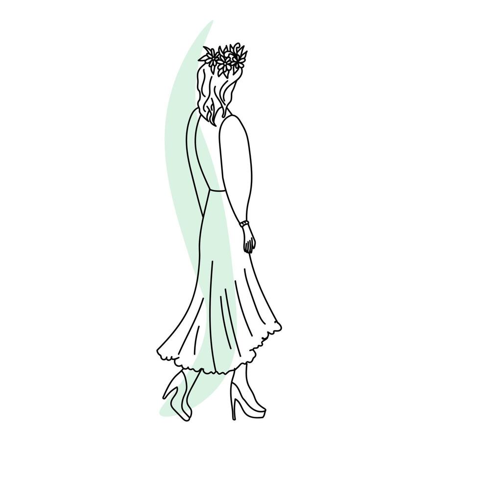 fille modèle de retour dans couronne, contour dessin de une fille dans une robe avec ondulé cheveux sur une doux vert place vecteur