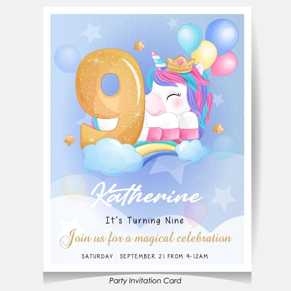 illustration de carte d'invitation de fête d'anniversaire de licorne mignon doodle vecteur