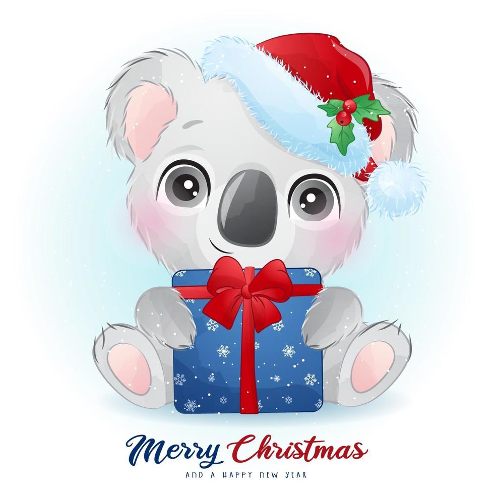 Ours koala mignon doodle pour le jour de Noël avec illustration aquarelle vecteur