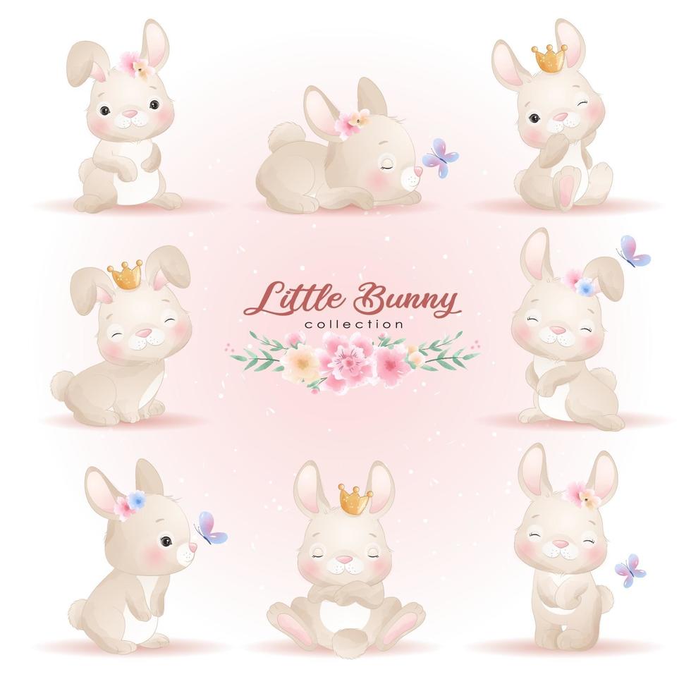 mignon lapin doodle pose avec illustration florale vecteur