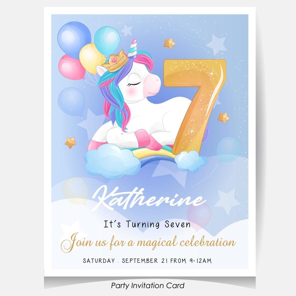 illustration de carte d'invitation de fête d'anniversaire de licorne mignon doodle vecteur