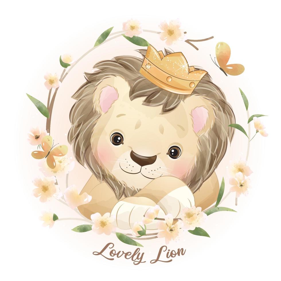 lion de griffonnage mignon avec illustration florale vecteur