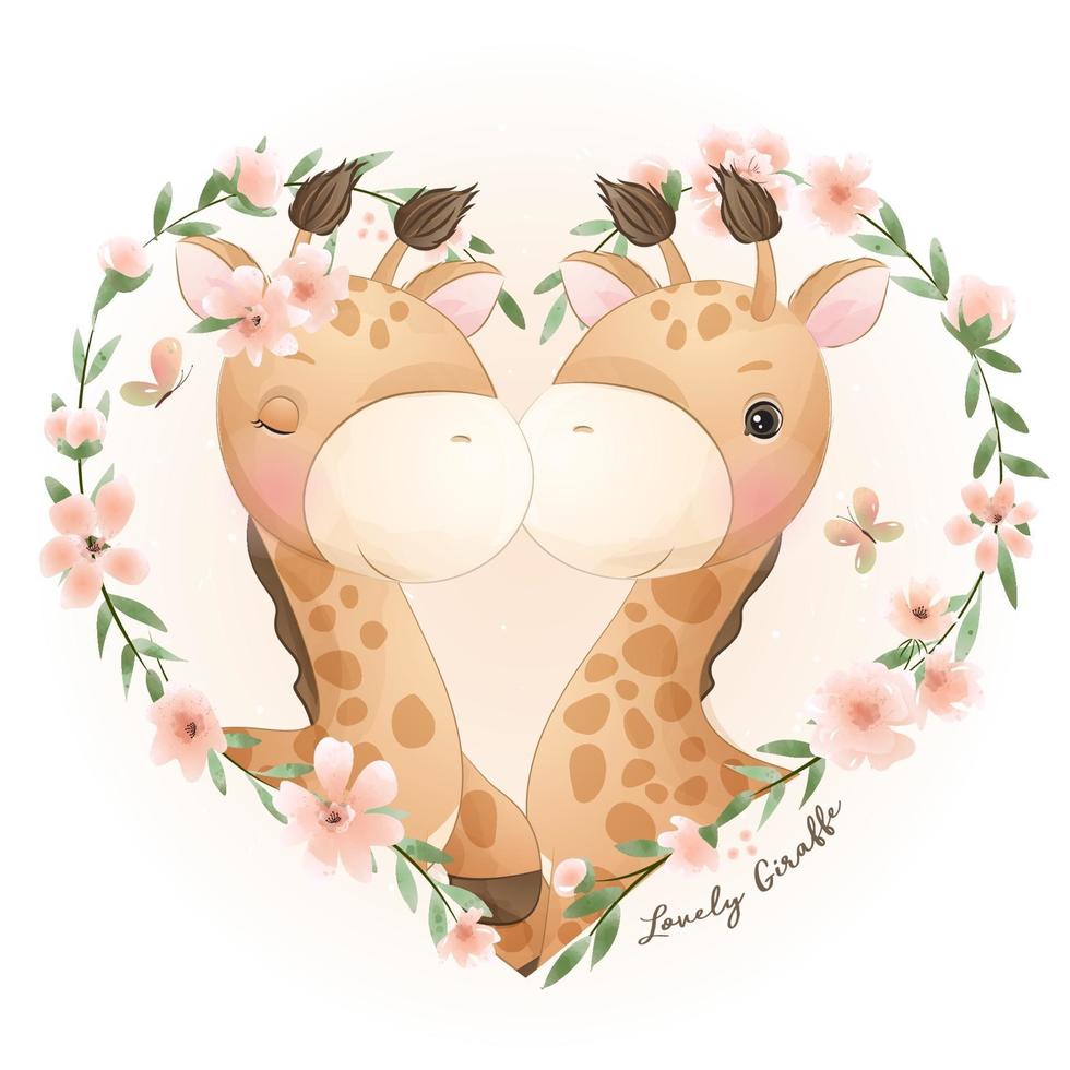 girafe de griffonnage mignon avec illustration florale vecteur