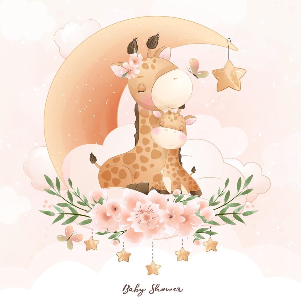 girafe de griffonnage mignon avec illustration florale vecteur