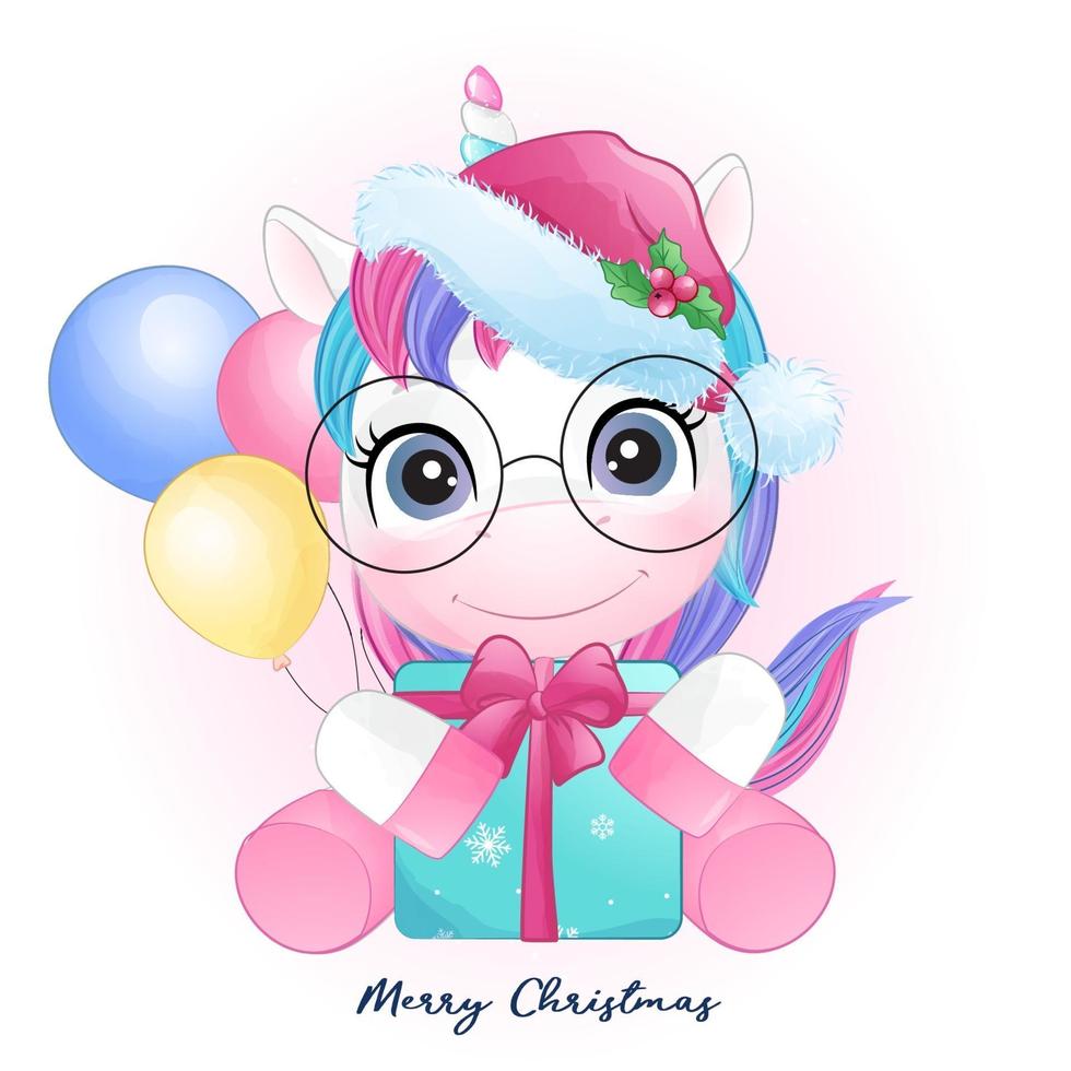 Licorne mignonne de doodle pour Noël avec illustration aquarelle vecteur