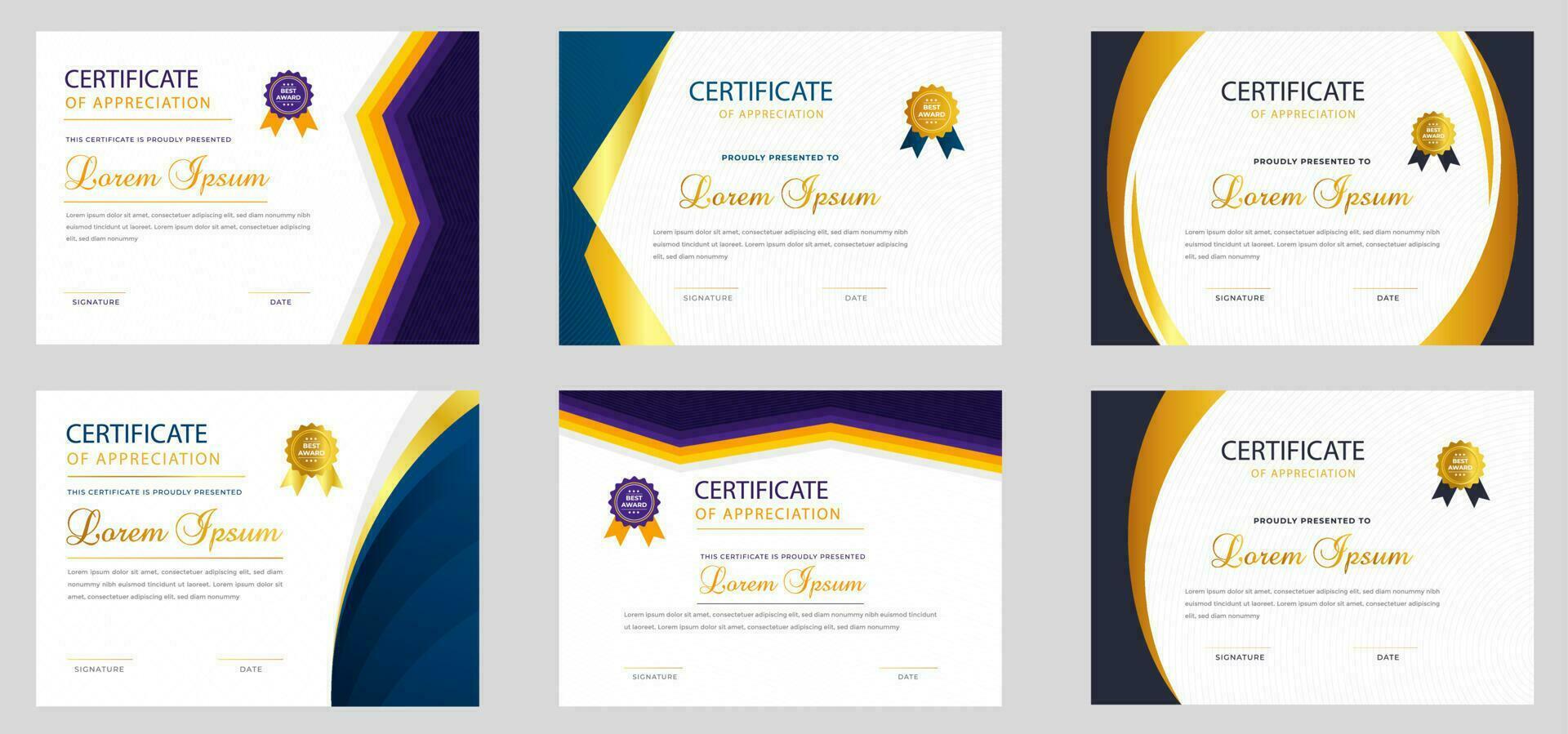 ensemble de 6 méga collection diplôme certificat modèle pour réussite l'obtention du diplôme achèvement avec luxe badge. formation l'obtention du diplôme ou cours achèvement certificat ensemble. certificat empaqueter, certificat vecteur