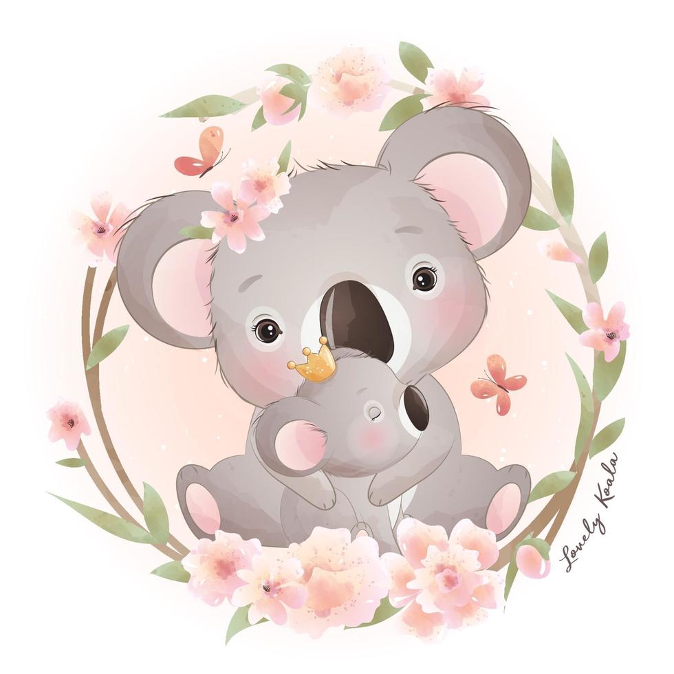 ours koala doodle mignon avec illustration florale vecteur