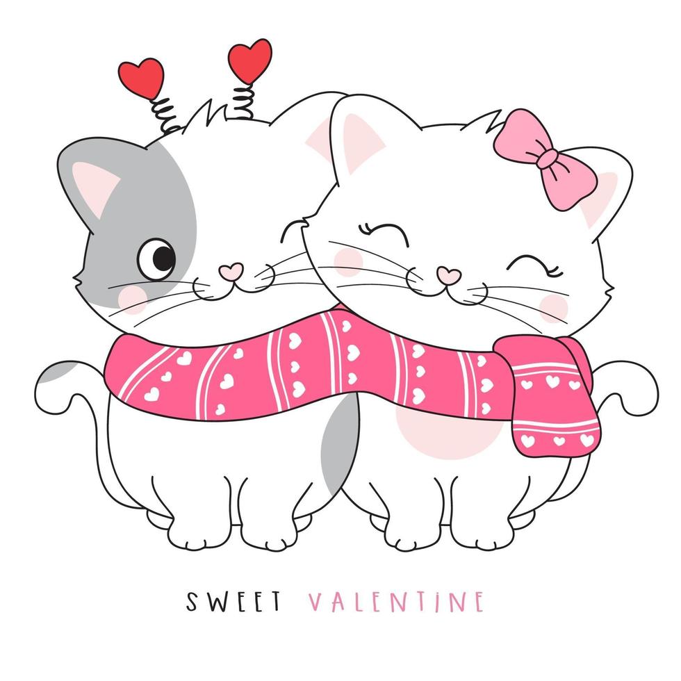 joli couple doodle kitty pour illustration de la saint valentin vecteur
