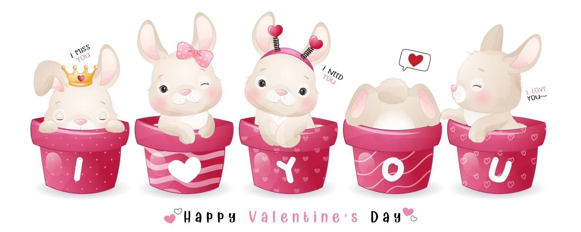 mignon lapin doodle pour la collection de la saint valentin vecteur