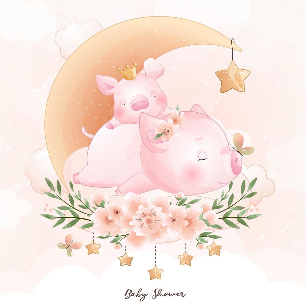 mignon doodle piggy avec illustration florale vecteur