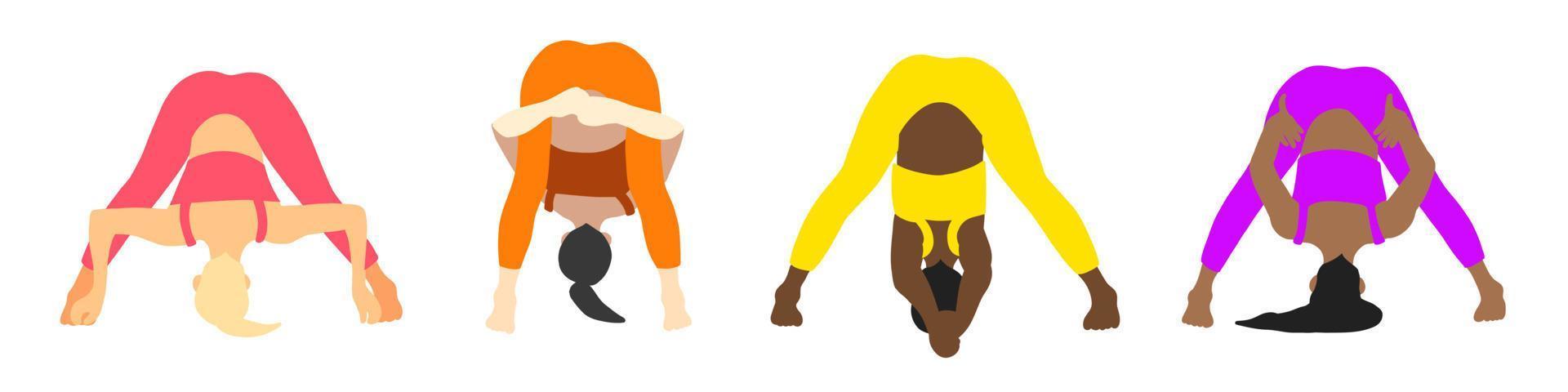 collection de poses de yoga. européen, africain, asiatique. femme femme fille. illustration vectorielle dans un style plat de dessin animé isolé sur fond blanc. vecteur