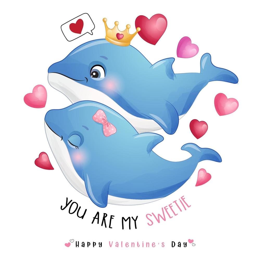 mignon doodle dauphin pour la saint valentin vecteur
