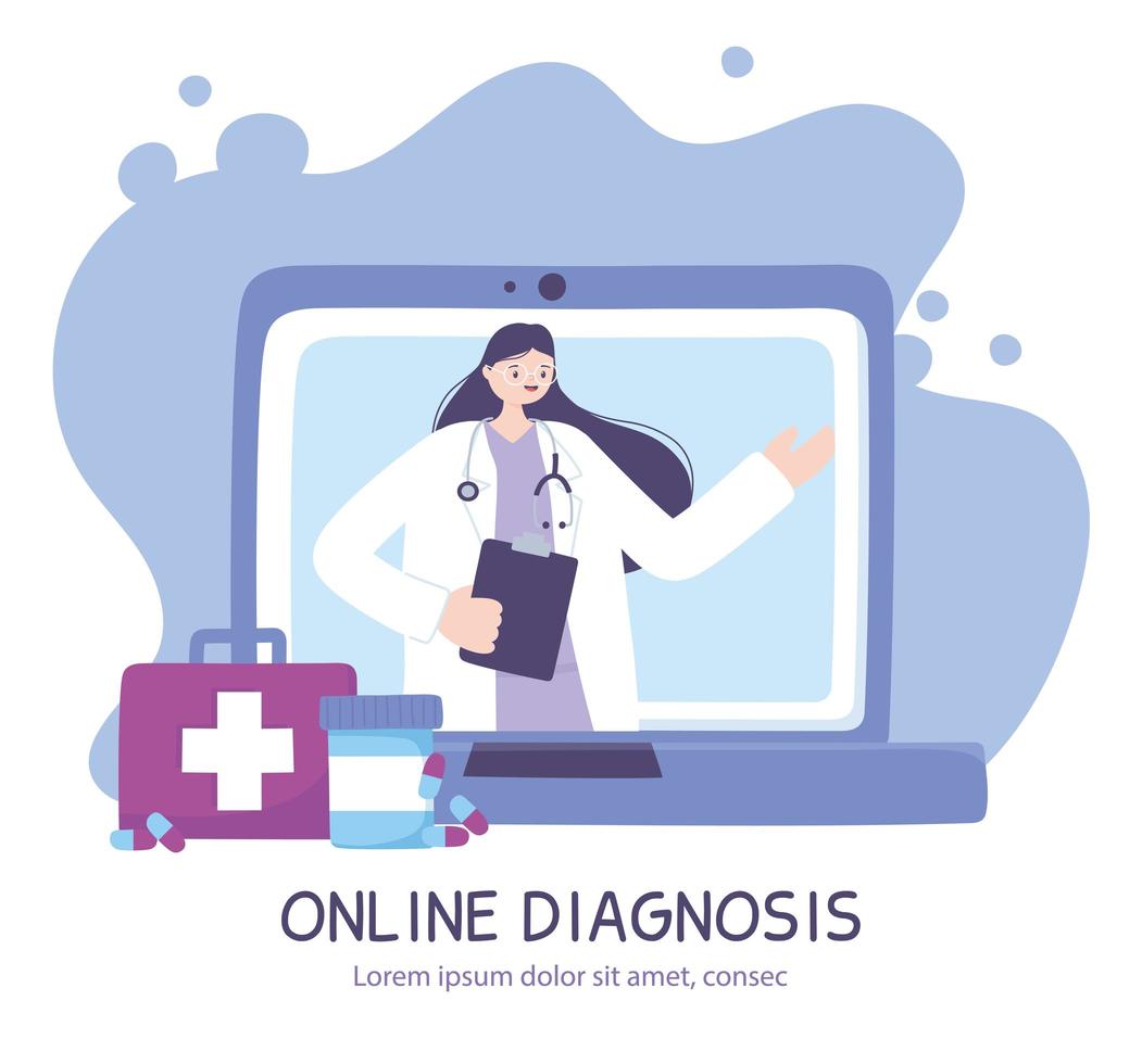 bannière de diagnostic nline avec médecin et ordinateur portable vecteur