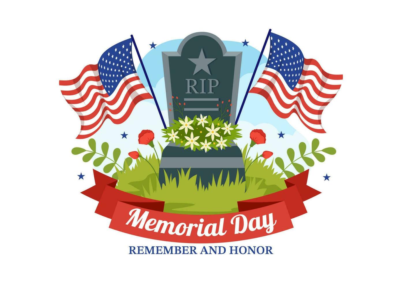 Mémorial journée illustration avec américain drapeau, rappelles toi et honneur à méritoire soldat dans plat dessin animé main tiré pour atterrissage page modèles vecteur