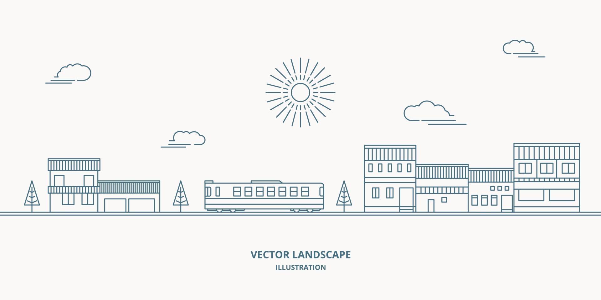 paysage de vecteur avec maisons, bâtiment, arbre, ciel. paysage de banlieue. vecteur de conception de ligne plate.